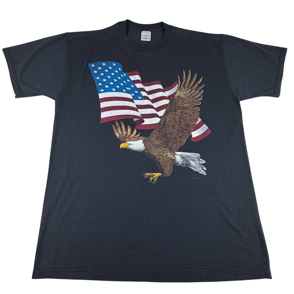 Vtg 90s Cotton Grove American Eagle T-Shirt Men Patriotic Flag Graphic Black Tee